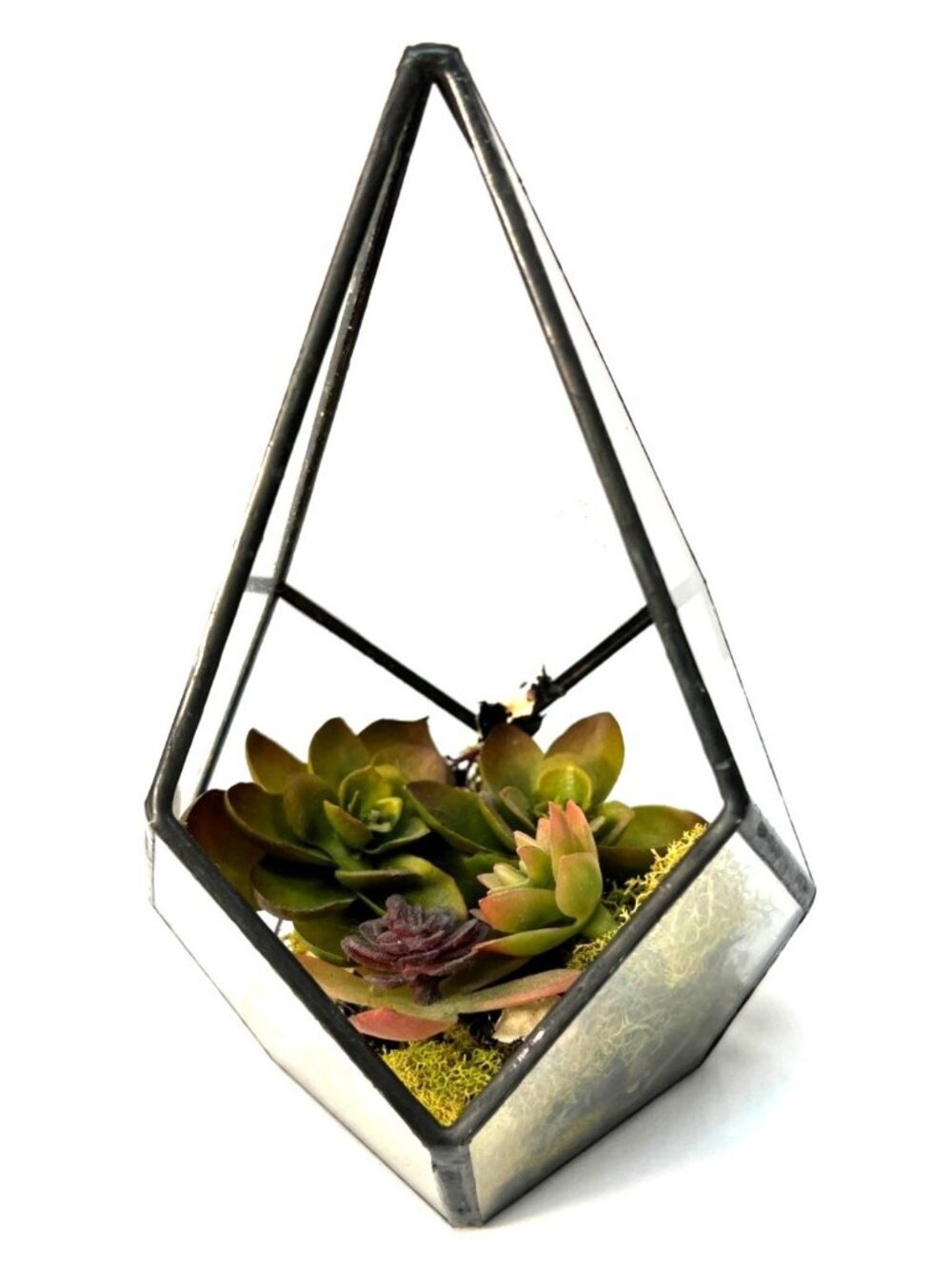 Geometric Glass Terrarium With Artificial Succulents & Moss